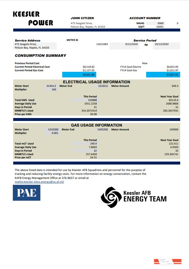 USA Mississippi Keesler AFB Energy utility bill template in Word and PDF format